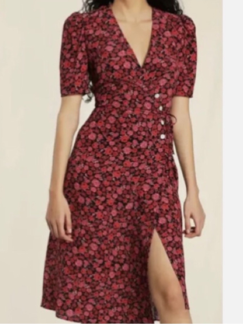 Rouje Red and Pink Floral Wrap Midi Dress